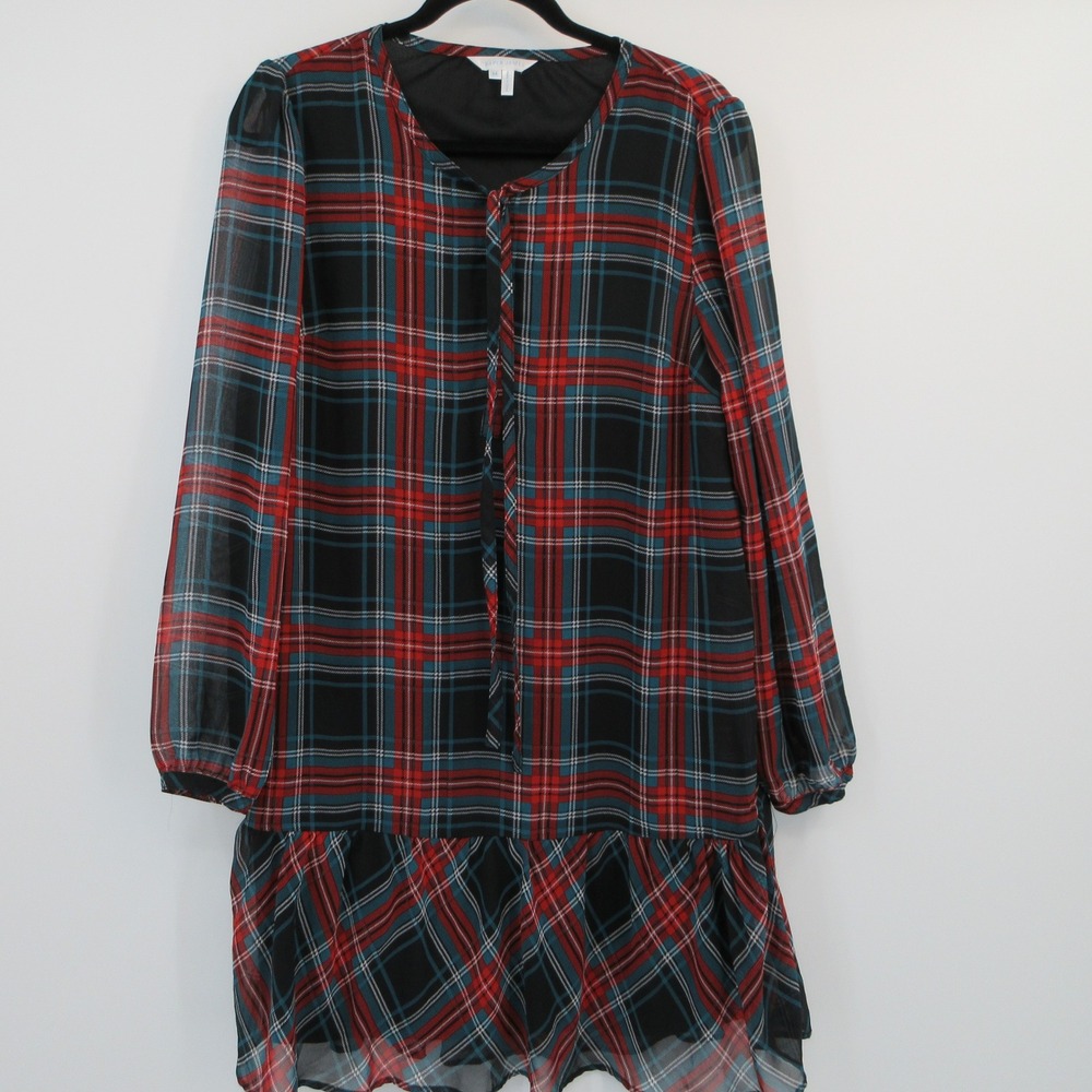 Draper James Womens Plaid Long Sleeve Ruffle Hem Tie Neck Shift Dress Red Blue M